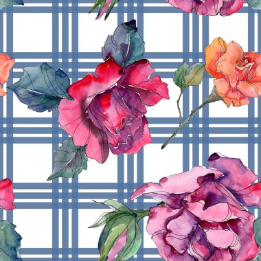 Kırmızı ve pembe Gül botanik çiçek. Vahşi bahar yaprak izole. Suluboya resim kümesi. Suluboya çizim moda aquarelle. Sorunsuz arka plan deseni. Kumaş duvar kağıdı yazdırma doku.