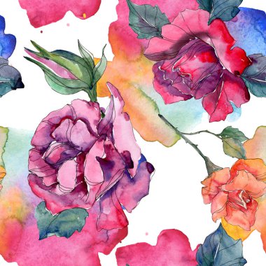 Kırmızı ve pembe Gül botanik çiçek. Vahşi bahar yaprak izole. Suluboya resim kümesi. Suluboya çizim moda aquarelle. Sorunsuz arka plan deseni. Kumaş duvar kağıdı yazdırma doku.