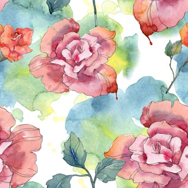 Kırmızı ve pembe Gül botanik çiçek. Vahşi bahar yaprak izole. Suluboya resim kümesi. Suluboya çizim moda aquarelle. Sorunsuz arka plan deseni. Kumaş duvar kağıdı yazdırma doku.