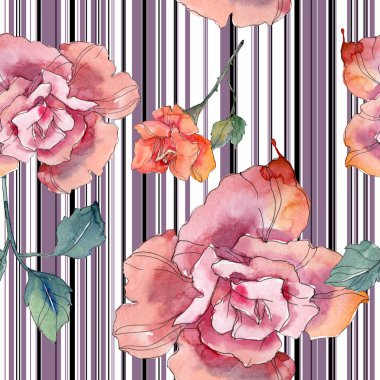 Kırmızı ve pembe Gül botanik çiçek. Vahşi bahar yaprak izole. Suluboya resim kümesi. Suluboya çizim moda aquarelle. Sorunsuz arka plan deseni. Kumaş duvar kağıdı yazdırma doku.