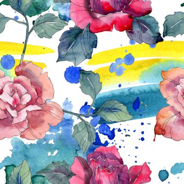 Kırmızı ve pembe Gül botanik çiçek. Vahşi bahar yaprak izole. Suluboya resim kümesi. Suluboya çizim moda aquarelle. Sorunsuz arka plan deseni. Kumaş duvar kağıdı yazdırma doku.