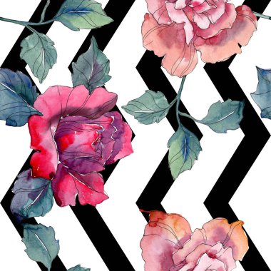 Kırmızı ve pembe Gül botanik çiçek. Vahşi bahar yaprak izole. Suluboya resim kümesi. Suluboya çizim moda aquarelle. Sorunsuz arka plan deseni. Kumaş duvar kağıdı yazdırma doku.