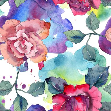 Kırmızı ve pembe Gül botanik çiçek. Vahşi bahar yaprak izole. Suluboya resim kümesi. Suluboya çizim moda aquarelle. Sorunsuz arka plan deseni. Kumaş duvar kağıdı yazdırma doku.
