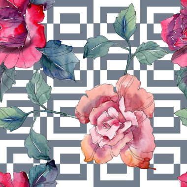 Kırmızı ve pembe Gül botanik çiçek. Vahşi bahar yaprak izole. Suluboya resim kümesi. Suluboya çizim moda aquarelle. Sorunsuz arka plan deseni. Kumaş duvar kağıdı yazdırma doku.