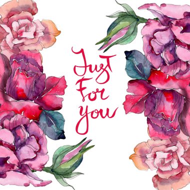 Kırmızı ve pembe Gül botanik çiçek. Vahşi bahar yaprak izole kır çiçeği. Suluboya arka plan illüstrasyon küme. Suluboya çizim moda aquarelle. Çerçeve kenarlığı süsleme Meydanı.