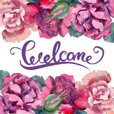 Kırmızı ve pembe Gül botanik çiçek. Vahşi bahar yaprak izole kır çiçeği. Suluboya arka plan illüstrasyon küme. Suluboya çizim moda aquarelle. Çerçeve kenarlığı süsleme Meydanı.