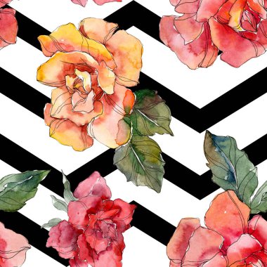 Turuncu ve kırmızı gül botanik çiçek. Vahşi bahar yaprak izole. Suluboya resim kümesi. Suluboya çizim moda aquarelle. Sorunsuz arka plan deseni. Kumaş duvar kağıdı yazdırma doku.