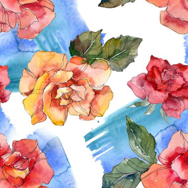 Turuncu ve kırmızı gül botanik çiçek. Vahşi bahar yaprak izole. Suluboya resim kümesi. Suluboya çizim moda aquarelle. Sorunsuz arka plan deseni. Kumaş duvar kağıdı yazdırma doku.