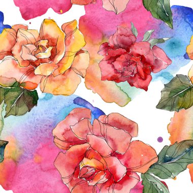 Turuncu ve kırmızı gül botanik çiçek. Vahşi bahar yaprak izole. Suluboya resim kümesi. Suluboya çizim moda aquarelle. Sorunsuz arka plan deseni. Kumaş duvar kağıdı yazdırma doku.