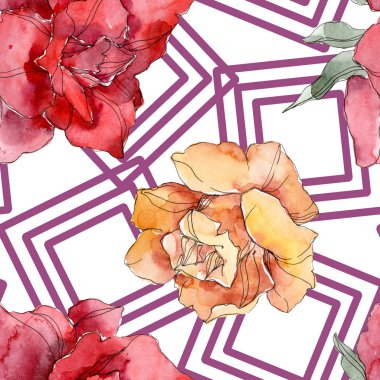 Turuncu ve kırmızı gül botanik çiçek. Vahşi bahar yaprak izole. Suluboya resim kümesi. Suluboya çizim moda aquarelle. Sorunsuz arka plan deseni. Kumaş duvar kağıdı yazdırma doku.