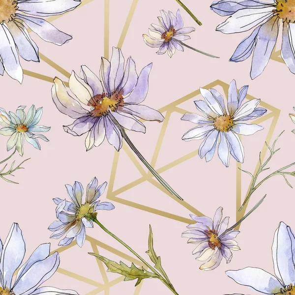 Chamomiles Daisies Green Leaves Watercolor Illustration Seamless Background Pattern — Stock Photo, Image