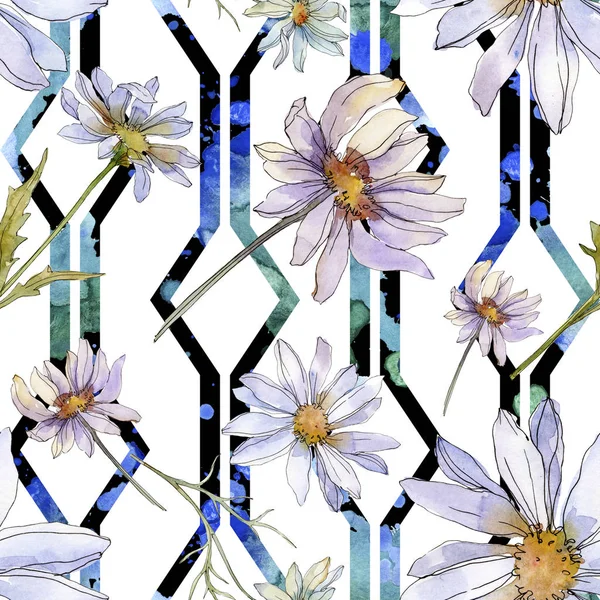 洋甘菊和雏菊与绿叶水彩插图 无缝的背景图案 — 图库照片