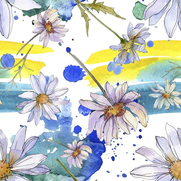 Chamomiles Daisies Green Leaves Watercolor Illustration Seamless Background Pattern — Stock Photo, Image