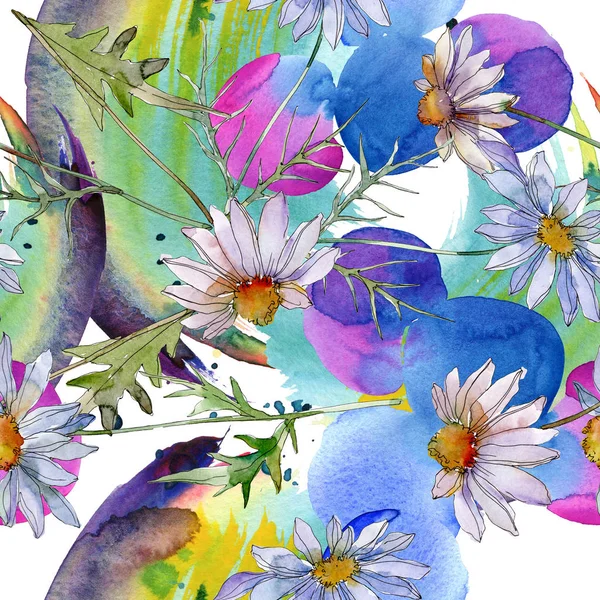 chamomiles with green leaves watercolor illustration, seamless background pattern