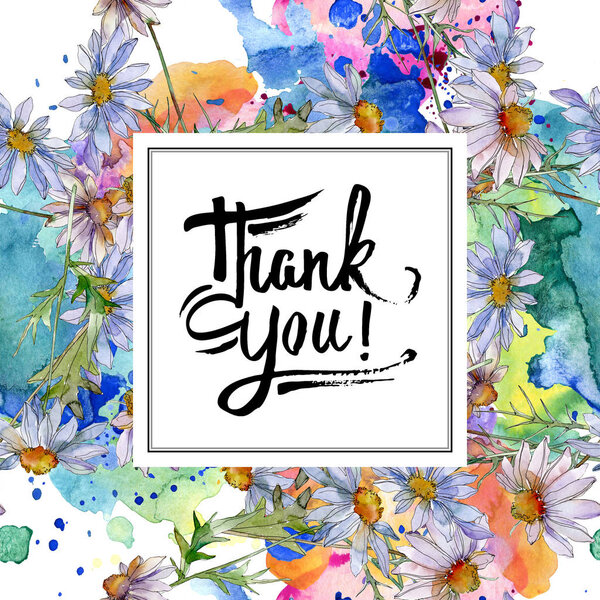 ромашки и маргаритки с зелеными листьями акварель набор иллюстраций, рамка украшения границы с благодарностью

