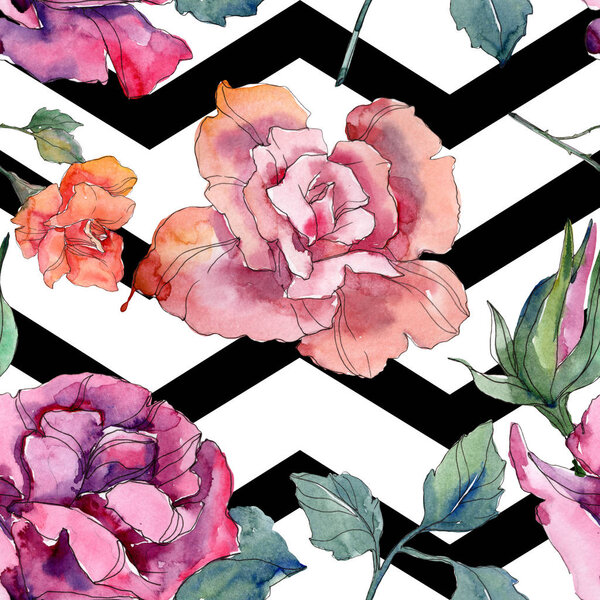 Red and pink rose floral botanical flower. Wild spring leaf isolated. Watercolor illustration set. Watercolour drawing fashion aquarelle. Seamless background pattern. Fabric wallpaper print texture.