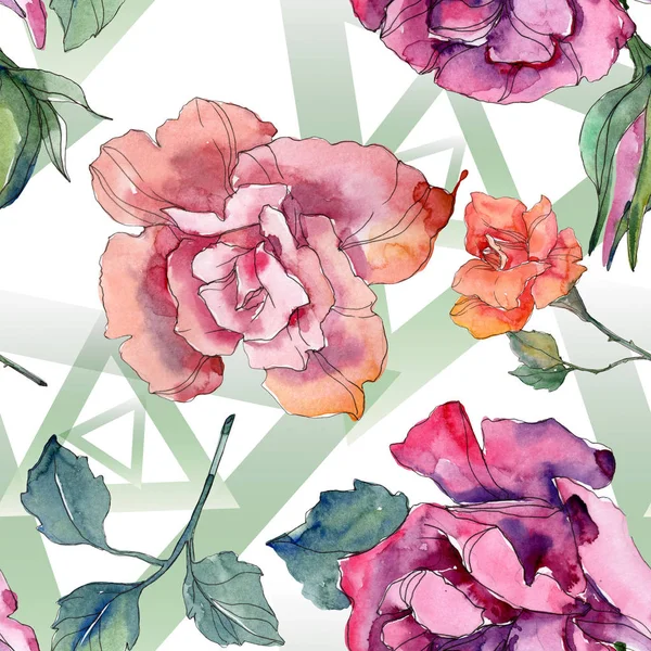 红色和粉红色的玫瑰花卉植物花 被隔绝的狂放的春天叶子 水彩插图集 水彩画时尚水彩画 无缝的背景模式 织物壁纸打印纹理 — 图库照片