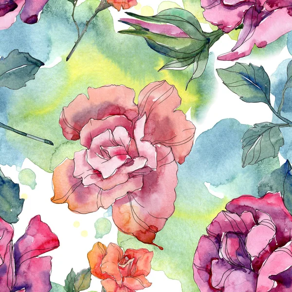 赤とピンク バラ花植物の花 野生春葉が分離されました 水彩イラスト セット 水彩描画ファッション Aquarelle シームレスな背景パターン 壁紙印刷手触りの生地 — ストック写真