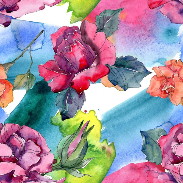 Kırmızı ve pembe Gül botanik çiçek. Vahşi bahar yaprak izole. Suluboya resim kümesi. Suluboya çizim moda aquarelle. Sorunsuz arka plan deseni. Kumaş duvar kağıdı yazdırma doku.