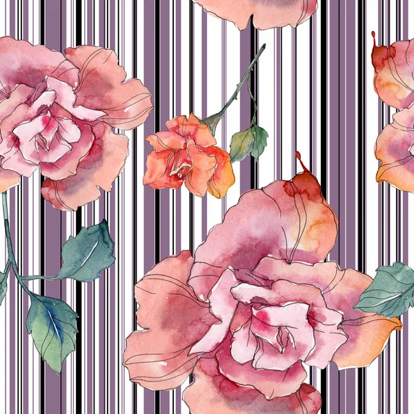 Red and pink rose floral botanical flower. Wild spring leaf isolated. Watercolor illustration set. Watercolour drawing fashion aquarelle. Seamless background pattern. Fabric wallpaper print texture.