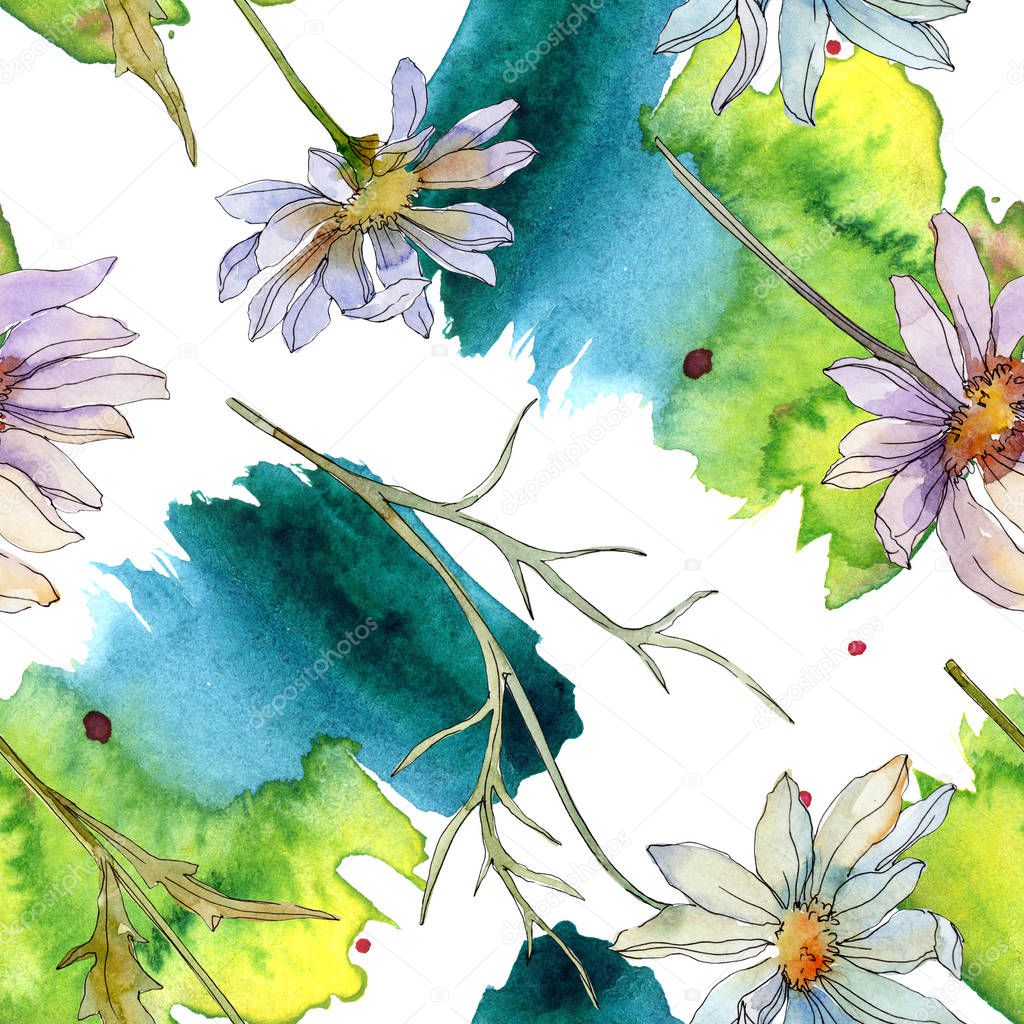 chamomiles and daisies with green leaves watercolor illustration, seamless background pattern