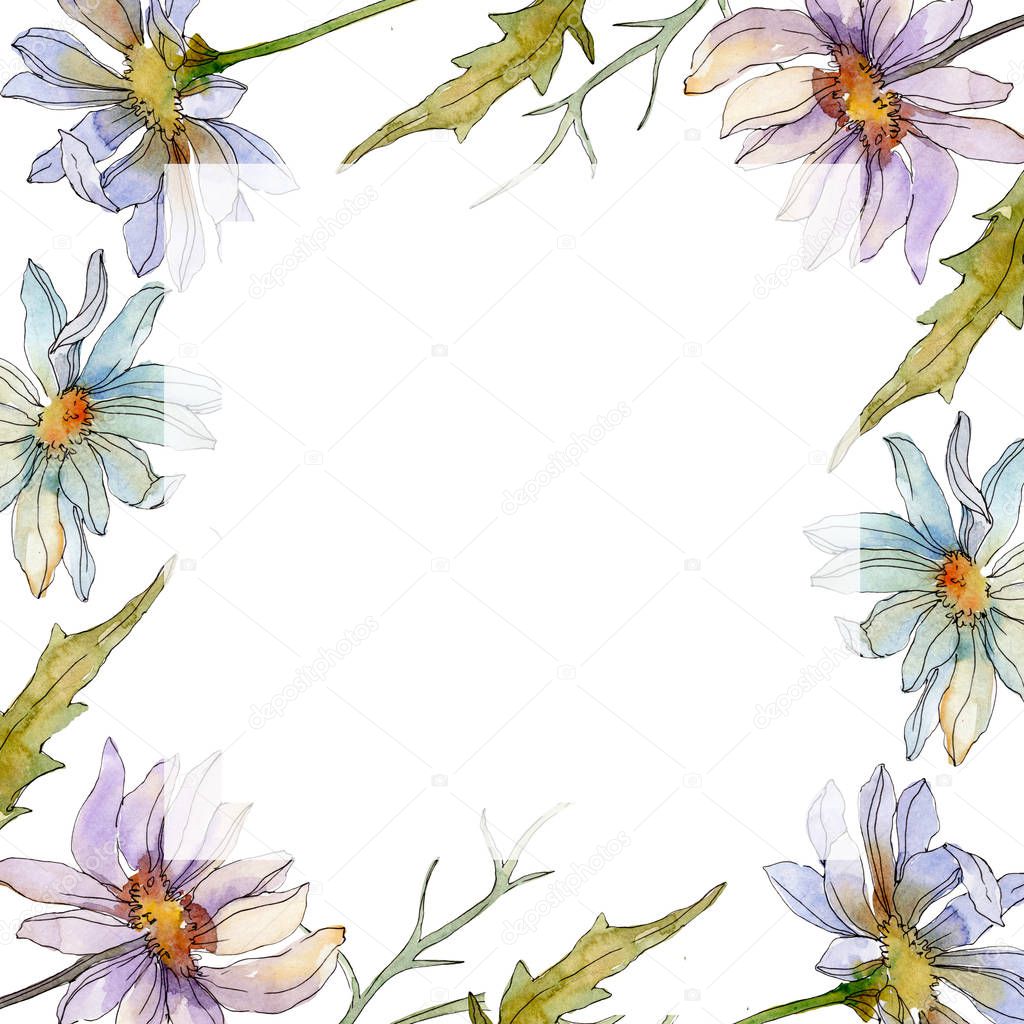 chamomiles and daisies with green leaves watercolor illustration set, frame border ornament with copy space