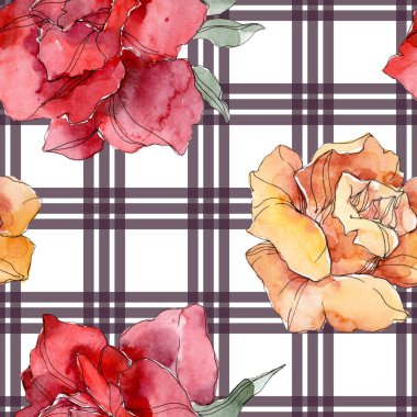 Turuncu ve kırmızı gül botanik çiçek. Vahşi bahar yaprak izole. Suluboya resim kümesi. Suluboya çizim moda aquarelle. Sorunsuz arka plan deseni. Kumaş duvar kağıdı yazdırma doku.