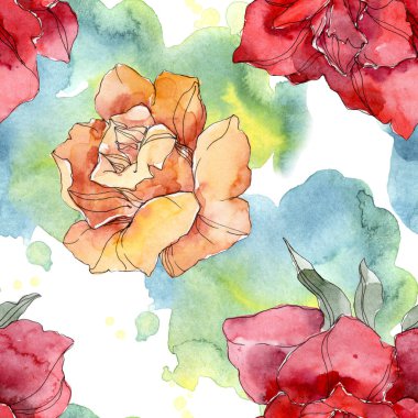 Turuncu ve kırmızı gül botanik çiçek. Vahşi bahar yaprak izole. Suluboya resim kümesi. Suluboya çizim moda aquarelle. Sorunsuz arka plan deseni. Kumaş duvar kağıdı yazdırma doku.
