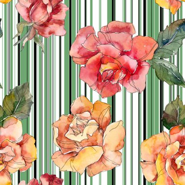 Turuncu ve kırmızı gül botanik çiçek. Vahşi bahar yaprak izole. Suluboya resim kümesi. Suluboya çizim moda aquarelle. Sorunsuz arka plan deseni. Kumaş duvar kağıdı yazdırma doku.