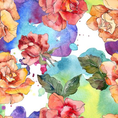 Turuncu ve kırmızı gül botanik çiçek. Vahşi bahar yaprak izole. Suluboya resim kümesi. Suluboya çizim moda aquarelle. Sorunsuz arka plan deseni. Kumaş duvar kağıdı yazdırma doku.