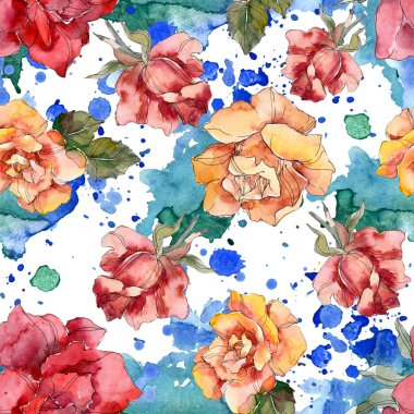 Turuncu ve kırmızı gül botanik çiçek. Vahşi bahar yaprak izole. Suluboya resim kümesi. Suluboya çizim moda aquarelle. Sorunsuz arka plan deseni. Kumaş duvar kağıdı yazdırma doku.