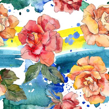 Turuncu ve kırmızı gül botanik çiçek. Vahşi bahar yaprak izole. Suluboya resim kümesi. Suluboya çizim moda aquarelle. Sorunsuz arka plan deseni. Kumaş duvar kağıdı yazdırma doku.