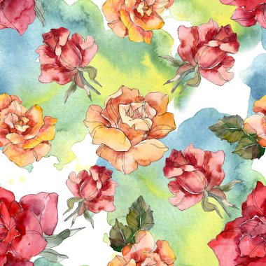 Turuncu ve kırmızı gül botanik çiçek. Vahşi bahar yaprak izole. Suluboya resim kümesi. Suluboya çizim moda aquarelle. Sorunsuz arka plan deseni. Kumaş duvar kağıdı yazdırma doku.