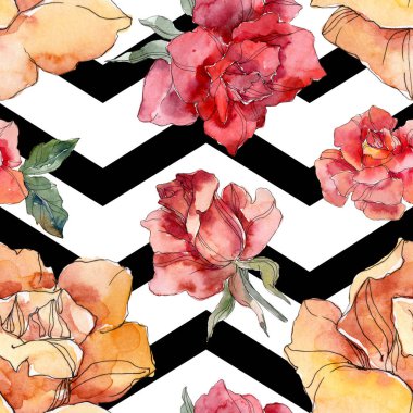 Turuncu ve kırmızı gül botanik çiçek. Vahşi bahar yaprak izole. Suluboya resim kümesi. Suluboya çizim moda aquarelle. Sorunsuz arka plan deseni. Kumaş duvar kağıdı yazdırma doku.