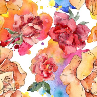 Turuncu ve kırmızı gül botanik çiçek. Vahşi bahar yaprak izole. Suluboya resim kümesi. Suluboya çizim moda aquarelle. Sorunsuz arka plan deseni. Kumaş duvar kağıdı yazdırma doku.