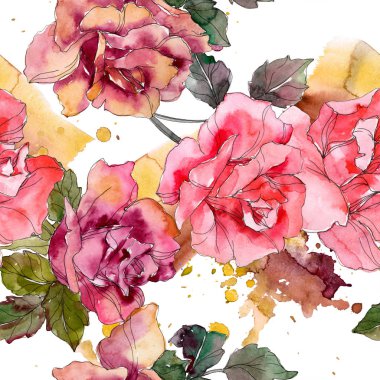 Pembe Gül botanik çiçek. Vahşi bahar yaprak izole. Suluboya resim kümesi. Suluboya çizim moda aquarelle. Sorunsuz arka plan deseni. Kumaş duvar kağıdı yazdırma doku.