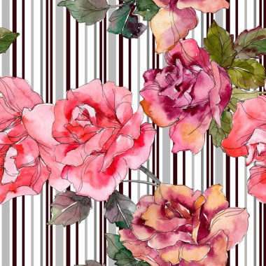 Pembe Gül botanik çiçek. Vahşi bahar yaprak izole. Suluboya resim kümesi. Suluboya çizim moda aquarelle. Sorunsuz arka plan deseni. Kumaş duvar kağıdı yazdırma doku.