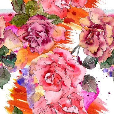 Pembe Gül botanik çiçek. Vahşi bahar yaprak izole. Suluboya resim kümesi. Suluboya çizim moda aquarelle. Sorunsuz arka plan deseni. Kumaş duvar kağıdı yazdırma doku.