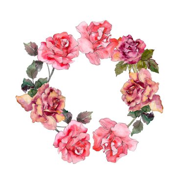 Pembe Gül botanik çiçek. Vahşi bahar yaprak izole kır çiçeği. Suluboya arka plan illüstrasyon küme. Suluboya çizim moda aquarelle izole. Çerçeve kenarlığı süsleme Meydanı.