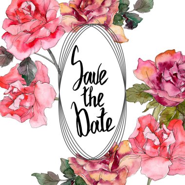 Pembe Gül botanik çiçek. Vahşi bahar yaprak izole kır çiçeği. Suluboya arka plan illüstrasyon küme. Suluboya çizim moda aquarelle izole. Çerçeve kenarlığı süsleme Meydanı.