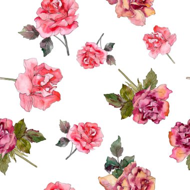 Pembe Gül botanik çiçek. Vahşi bahar yaprak izole. Suluboya resim kümesi. Suluboya çizim moda aquarelle. Sorunsuz arka plan deseni. Kumaş duvar kağıdı yazdırma doku.
