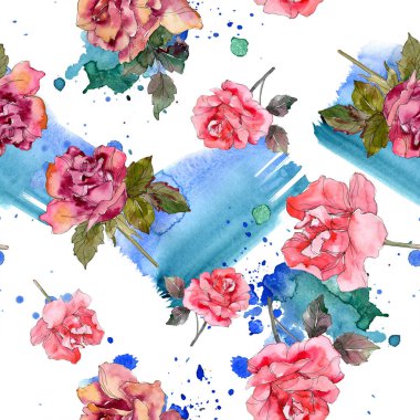 Pembe Gül botanik çiçek. Vahşi bahar yaprak izole. Suluboya resim kümesi. Suluboya çizim moda aquarelle. Sorunsuz arka plan deseni. Kumaş duvar kağıdı yazdırma doku.