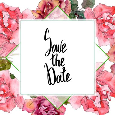 Pembe Gül botanik çiçek. Vahşi bahar yaprak izole kır çiçeği. Suluboya arka plan illüstrasyon küme. Suluboya çizim moda aquarelle izole. Çerçeve kenarlığı süsleme Meydanı.