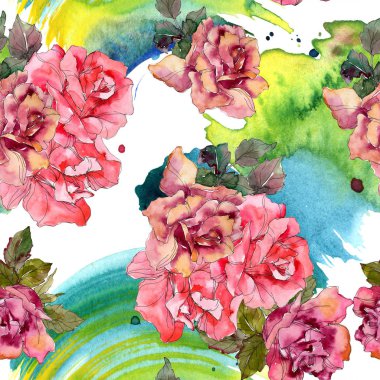 Pembe Gül botanik çiçek. Vahşi bahar yaprak izole. Suluboya resim kümesi. Suluboya çizim moda aquarelle. Sorunsuz arka plan deseni. Kumaş duvar kağıdı yazdırma doku.