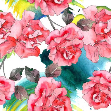 Pembe Gül botanik çiçek. Vahşi bahar yaprak izole. Suluboya resim kümesi. Suluboya çizim moda aquarelle. Sorunsuz arka plan deseni. Kumaş duvar kağıdı yazdırma doku.