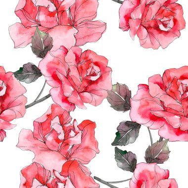 Pembe Gül botanik çiçek. Vahşi bahar yaprak izole. Suluboya resim kümesi. Suluboya çizim moda aquarelle. Sorunsuz arka plan deseni. Kumaş duvar kağıdı yazdırma doku.