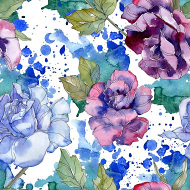 Mavi ve Mor gül botanik çiçek. Vahşi bahar yaprak izole. Suluboya resim kümesi. Suluboya çizim aquarelle. Sorunsuz arka plan deseni. Kumaş duvar kağıdı yazdırma doku.