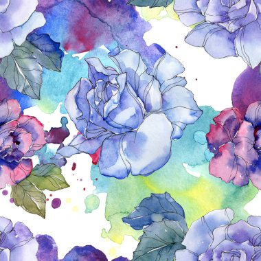 Mavi ve Mor gül botanik çiçek. Vahşi bahar yaprak izole. Suluboya resim kümesi. Suluboya çizim aquarelle. Sorunsuz arka plan deseni. Kumaş duvar kağıdı yazdırma doku.