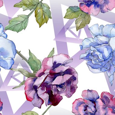 Mavi ve Mor gül botanik çiçek. Vahşi bahar yaprak izole. Suluboya resim kümesi. Suluboya çizim aquarelle. Sorunsuz arka plan deseni. Kumaş duvar kağıdı yazdırma doku.