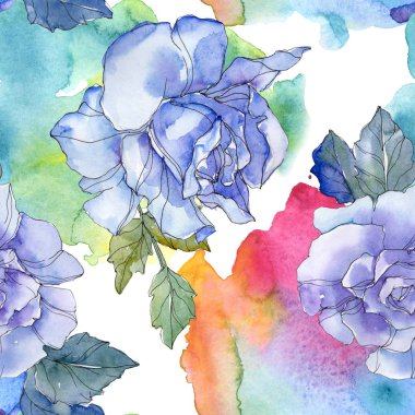 Mavi ve Mor gül botanik çiçek. Vahşi bahar yaprak izole. Suluboya resim kümesi. Suluboya çizim aquarelle. Sorunsuz arka plan deseni. Kumaş duvar kağıdı yazdırma doku.
